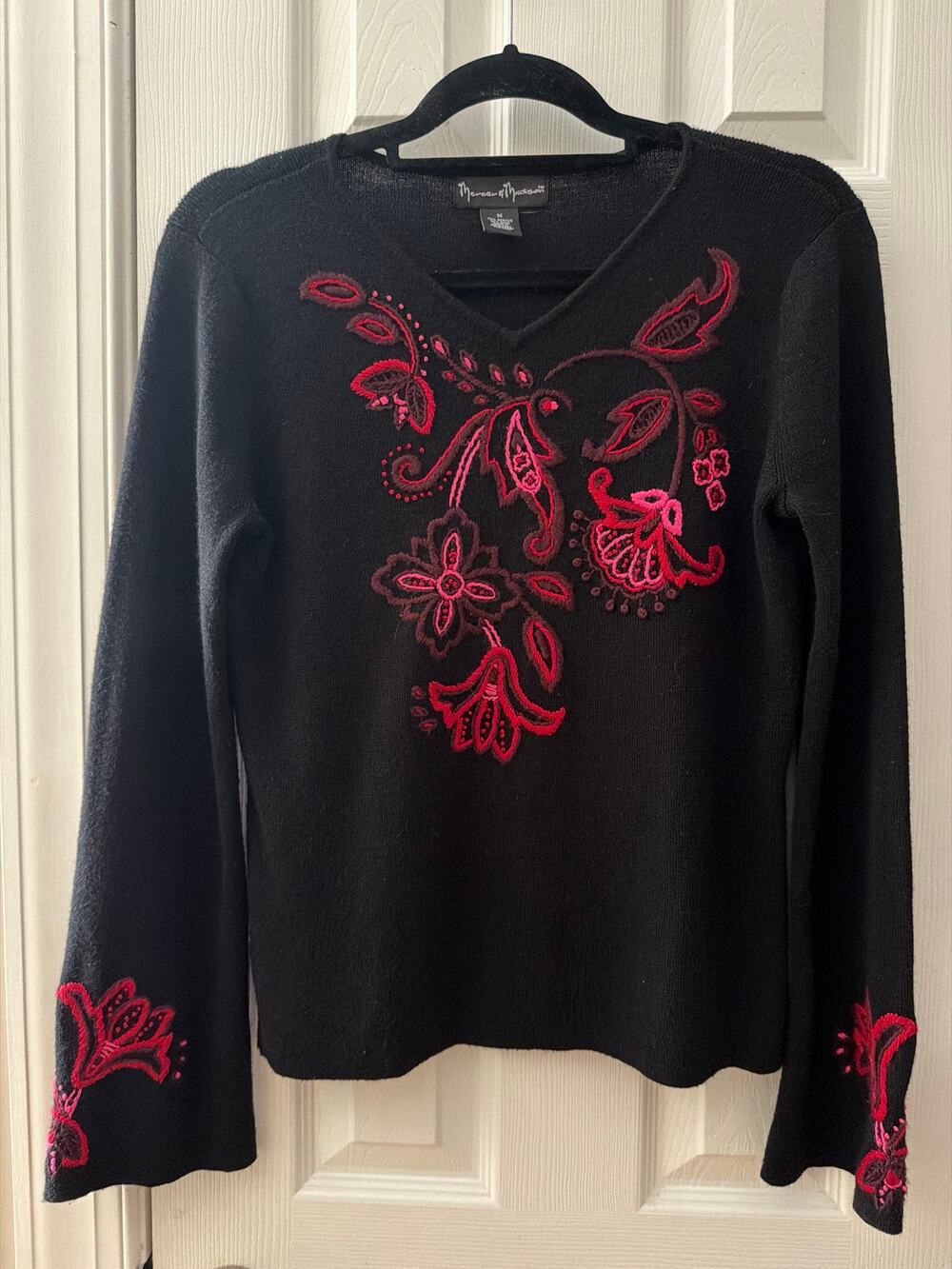 Mercer & Madison Embroidered Wool-Blend Sweater with Bold Floral Statement
